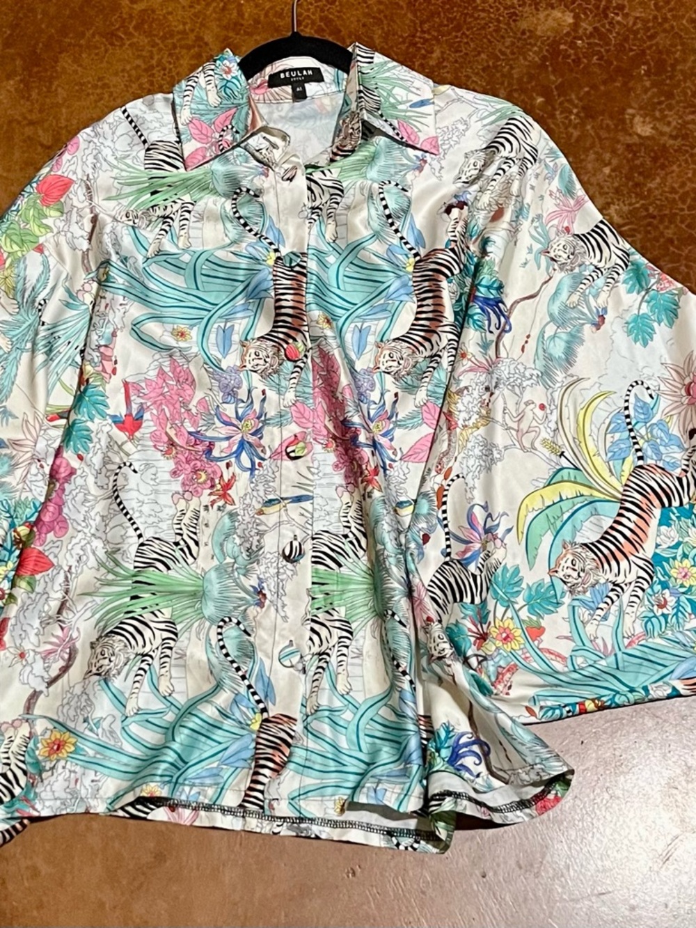 Boujee Tropical Tiger Print Blouse Billowy Flowy Sleeves Beulah OS